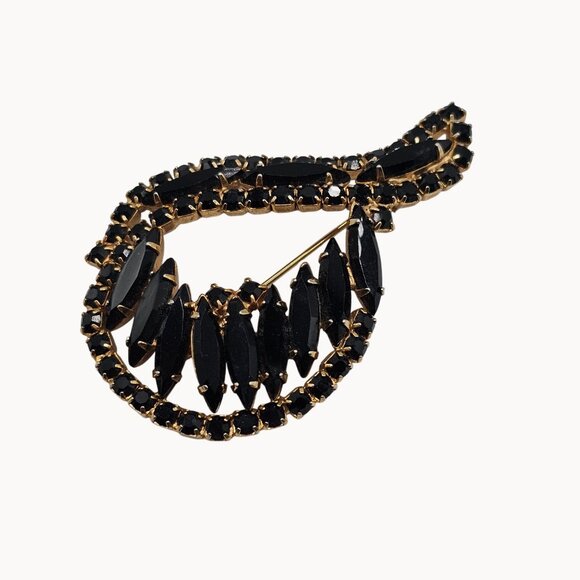 Gold Tone Black Navette Brooch Prong Set Rhinestone Unsigned Swirl Pin Fashion - Picture 10 of 14